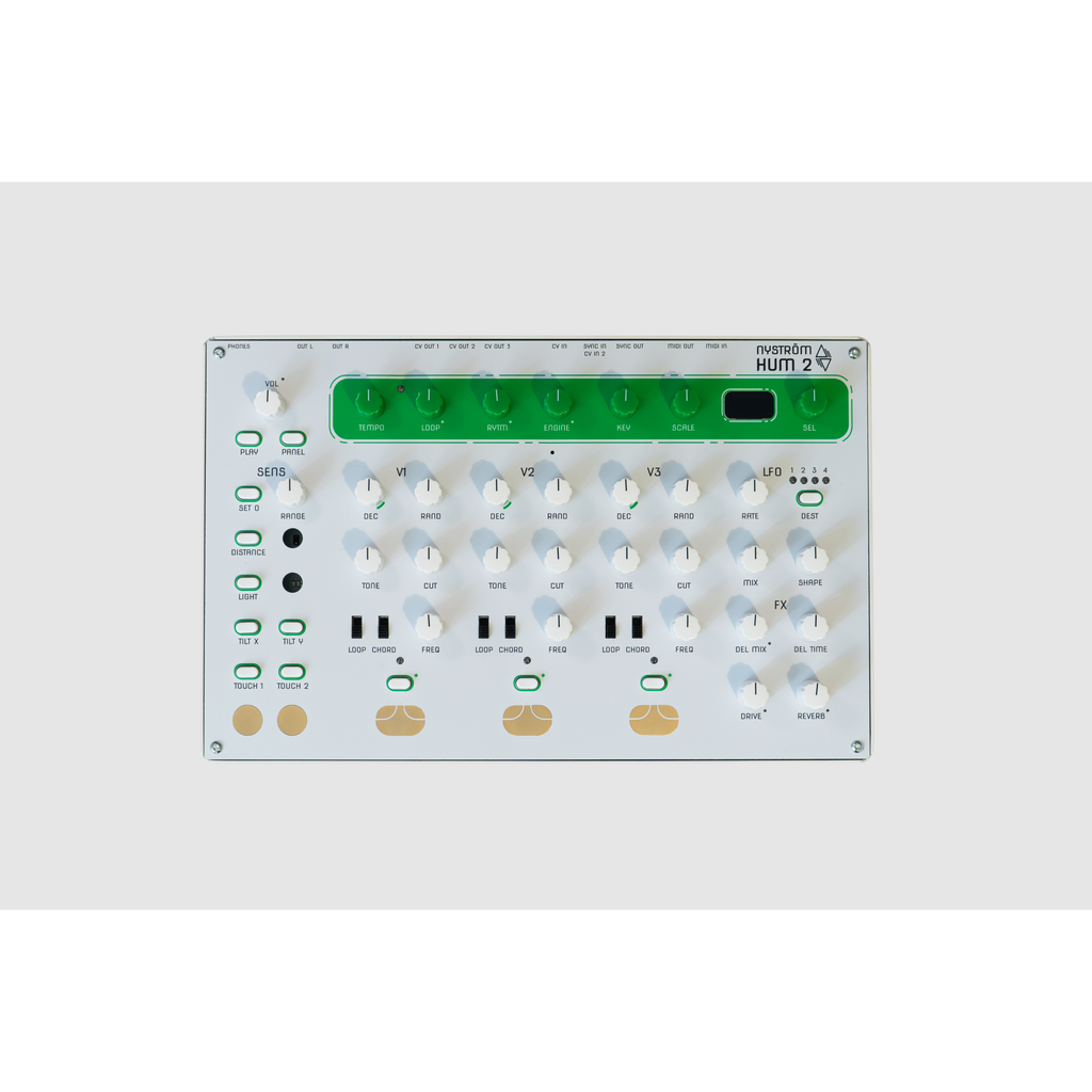Nyström HUM 2 synthesizer van bovenaf, wit paneel met groene mastersectie
