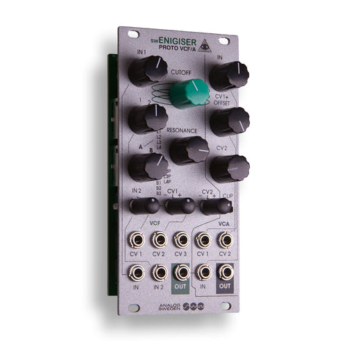 swEnigiser Proto VCF/A module with silver panel, angled view